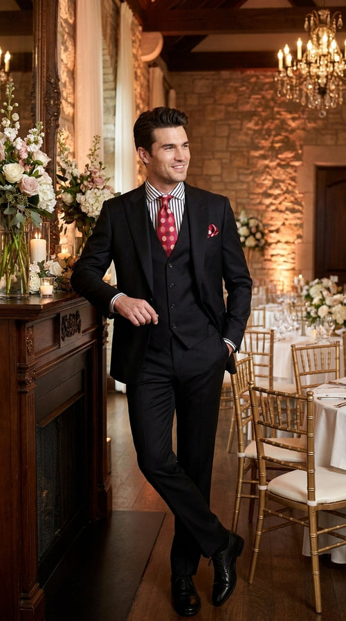 Apollo King Men’s Black 3 Piece Fashion Suit, Wide Peak Lapel Formal Wedding Business Suit