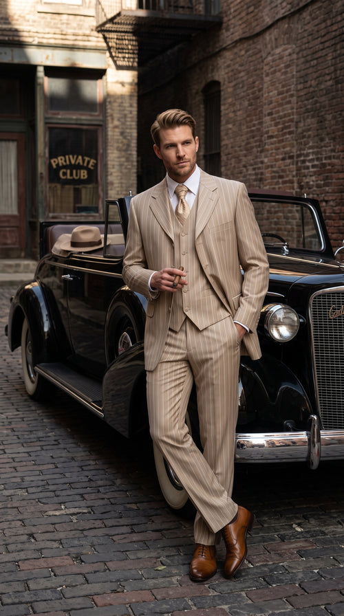 Men’s Champagne Gold Zoot Suit, 1920s Harlem Gangster Tan Stripe Fortino 2911V Vested Suit