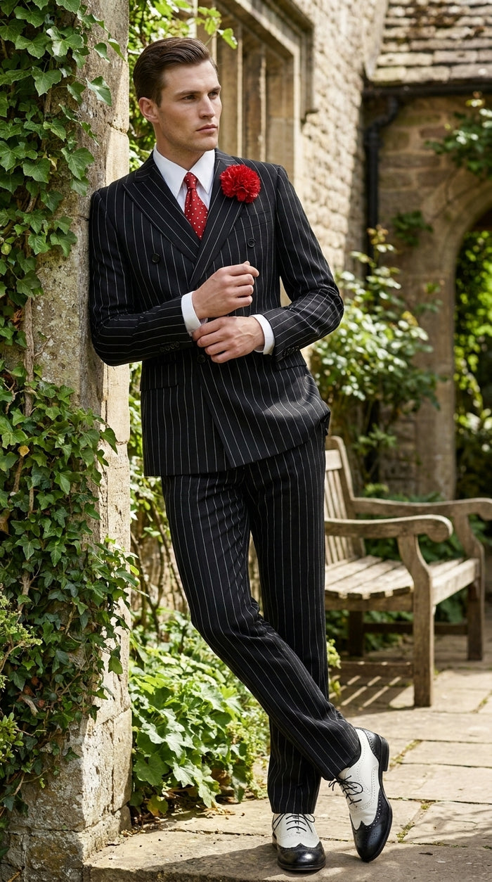 Men’s Gomez Addams Inspired Double Breasted Pinstripe Suit, Addams Family Style Costume Outfit