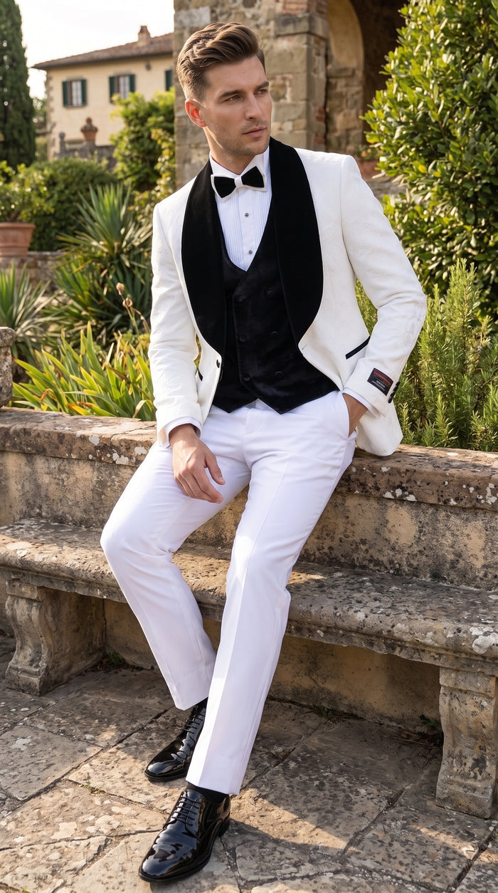 Gianni Men’s White 3 Piece Tuxedo with Black Velvet Lapel, Tailored Fit Formal Wedding Prom Suit