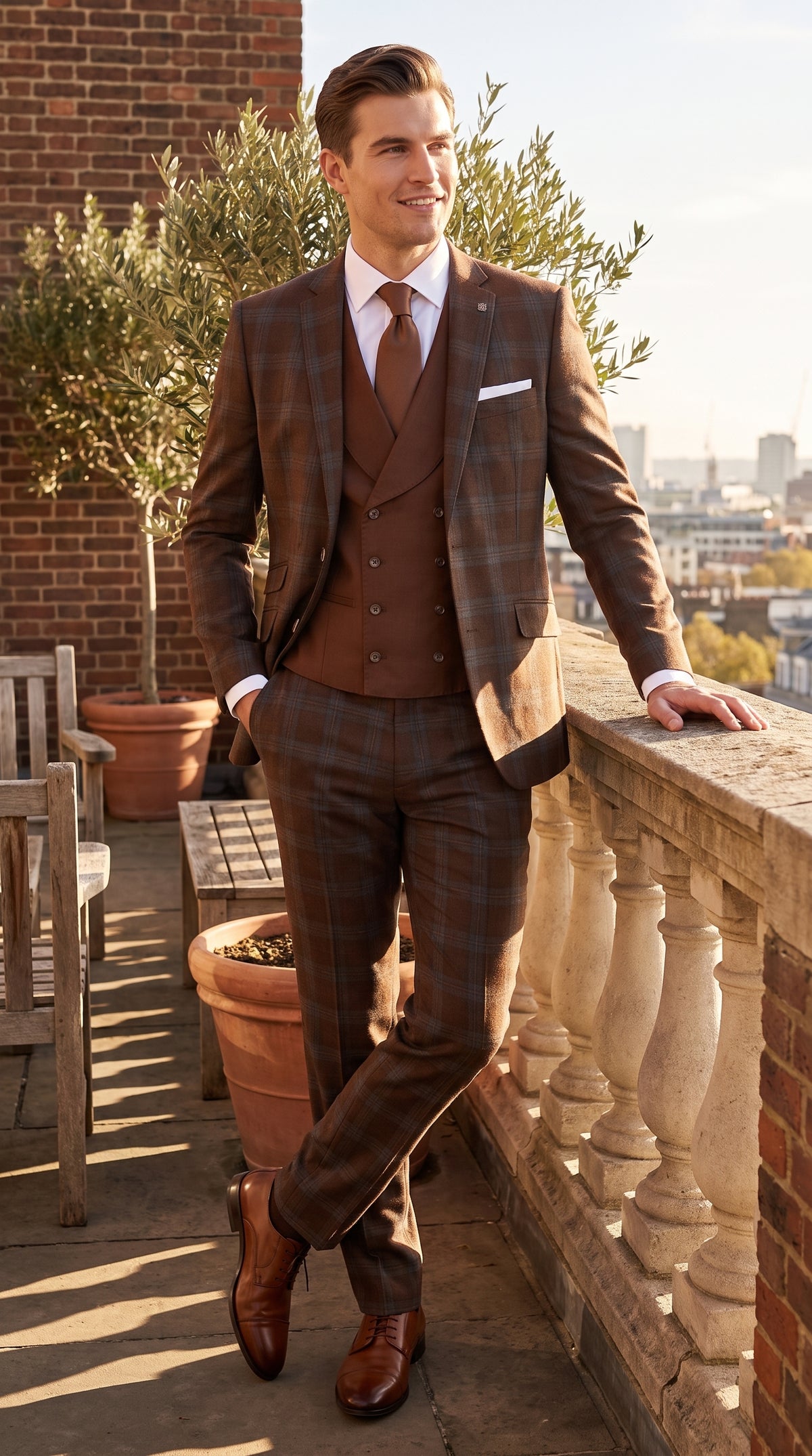 Men’s Copper Plaid Modern Fit Wool Suit, 3 Piece Formal Suit with Double Breasted Vest