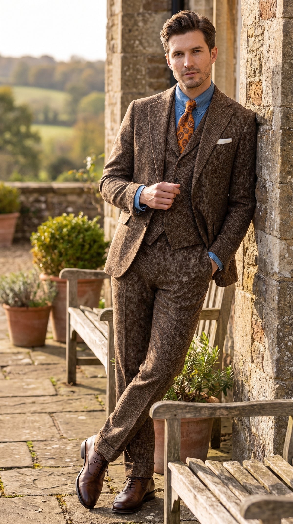 Men’s Brown Great Gatsby Costume Suit, 1920s Vintage Vested Suit Package with Shirt and Tie