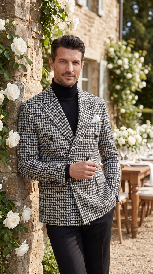 Men’s Black and White Houndstooth Blazer, 100% Wool Modern Fit Sport Coat