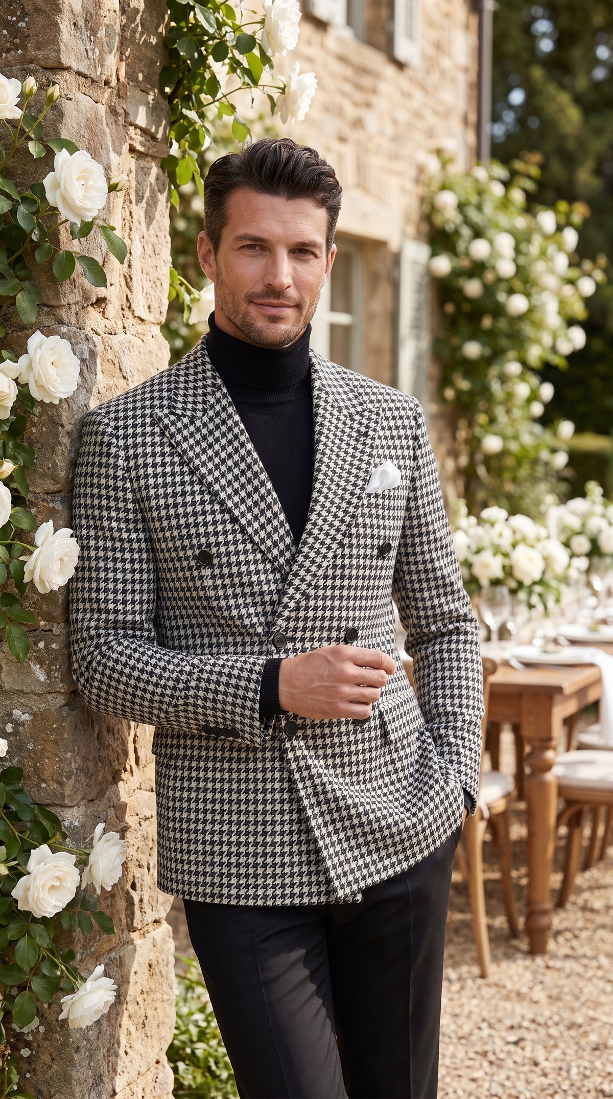 Men’s Black and White Houndstooth Blazer, 100% Wool Modern Fit Sport Coat
