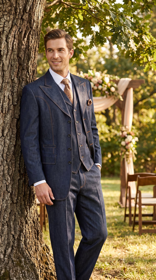 Men’s Navy Blue Denim 3 Piece Suit, Vested 4 Button Wide Peak Lapel Dress Suit
