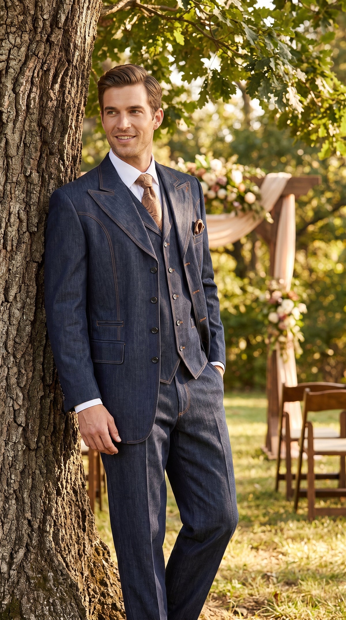 Men’s Navy Blue Denim 3 Piece Suit, Vested 4 Button Wide Peak Lapel Dress Suit