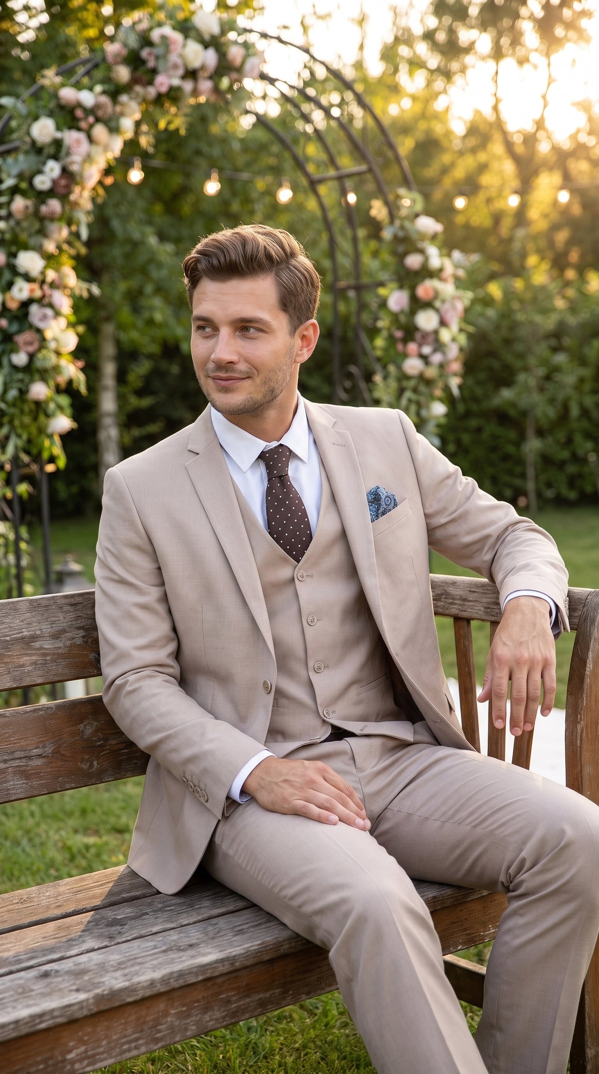 Men’s Medium Tan 3 Piece Suit, Slim Fit Two Button Vested Formal Wedding Business Suit