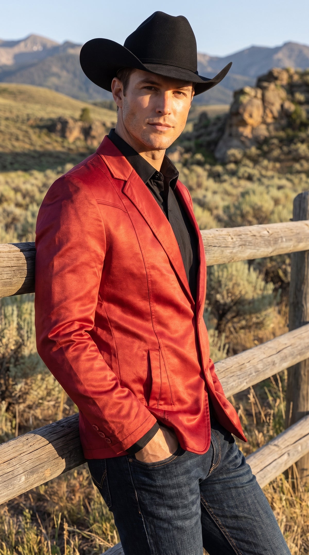 Men’s Western Red Blazer, Slim Fit Shiny Finish Sport Coat for Weddings Prom and Special Events