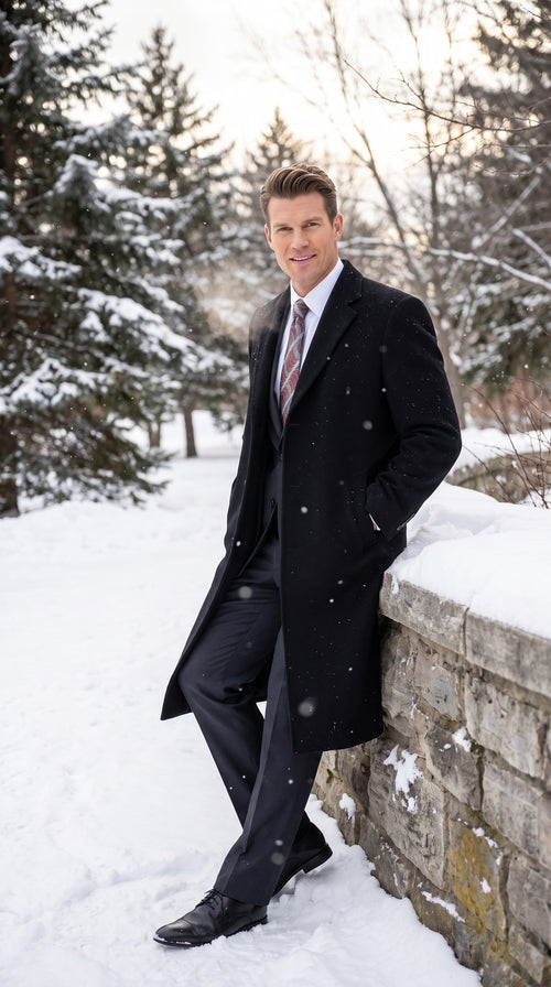 Men’s Black Wool and Cashmere Full Length Overcoat, Luxury Formal Dress Coat