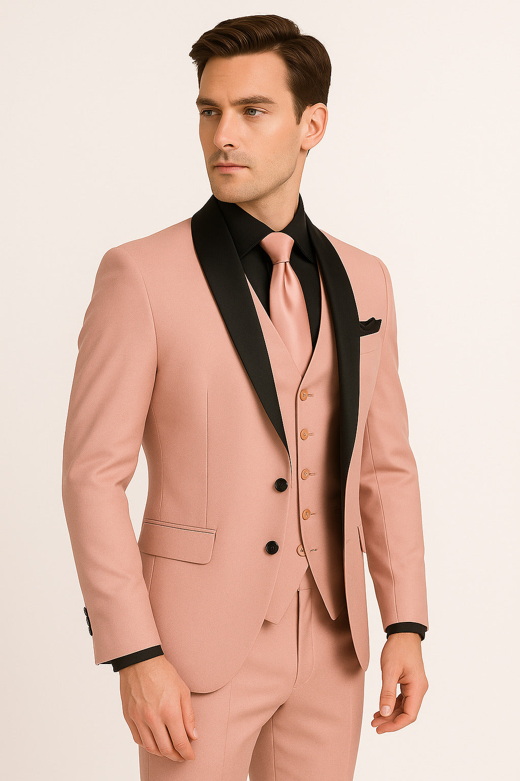 Men's Light Pink 3-Piece Tuxedo Suit with Black Satin Shawl Lapel â€“ Formal Wear - Ultra Slim Fitted in Blush color - 34 Short or Extra Small
