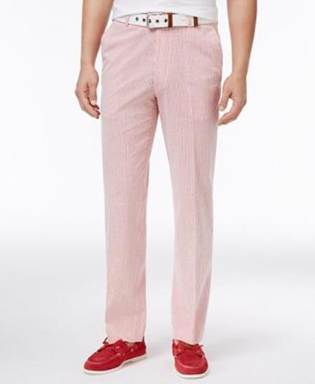 New Year Outfit Pre-Order September-30-2021 Mens Slim-Fit Stretch Red/White Seersucker ~ Sear Sucker Suit Men's Tapered Men's Dress Pants - Cheap Priced Dress Slacks For Men On Sale