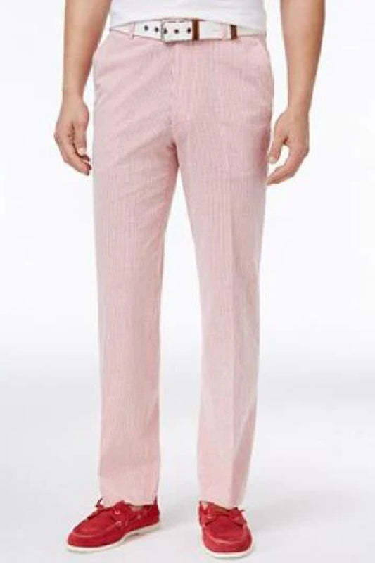 Men's New Years Outfit-Pre-Order September-30-2021 Mens Slim-Fit Stretch Red/White Seersucker ~ Sear Sucker Suit Men's Tapered Men's Dress Pants - Cheap Priced Dress Slacks For Men On Sale Pink Seersucker Suits