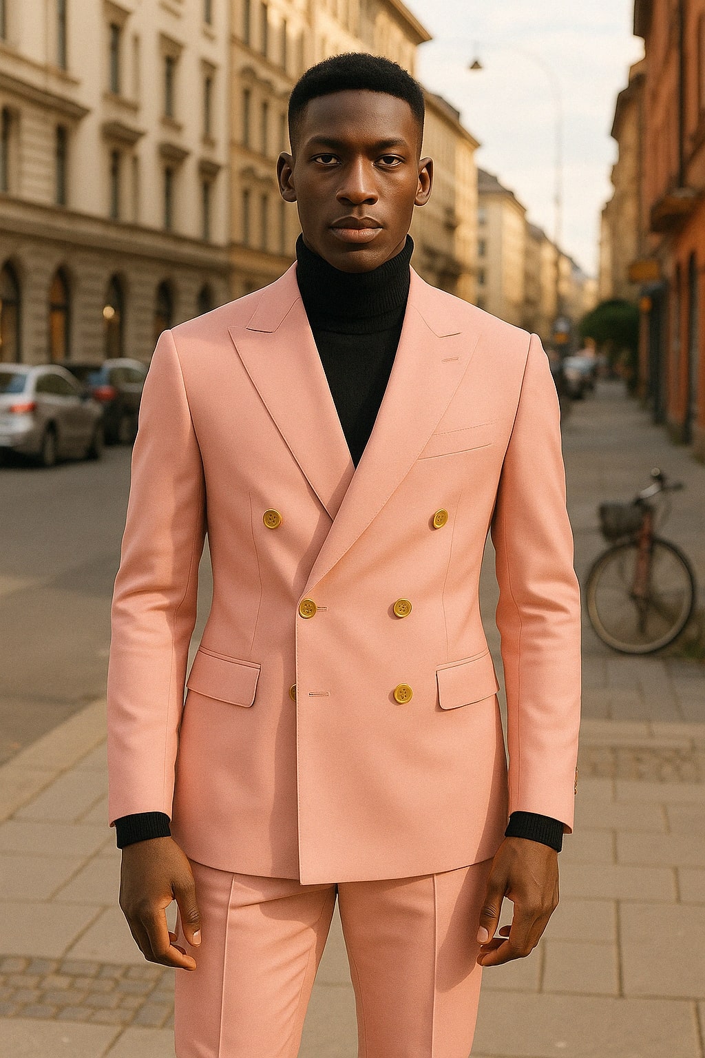 Mens Pink Double-Breasted Suit with Gold Buttons - 34 Short or Extra Small