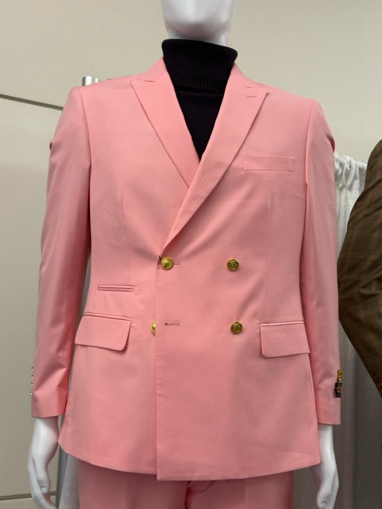 Mens Pink Double-Breasted Suit with Gold Buttons - 34 Short or Extra Small