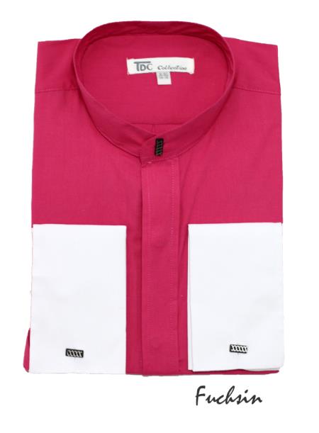 Fashion Hidden Button French Cuff Mandarin Collarless Dress Fuchsia ~ Fuschia~ Hot Preacher Round Style Pink Men's Dress Shirt
