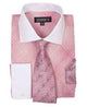 French Cuff Mini Plaid/Checks Rose Pink Shirt With Tie And Handkerchief White Collar Two Toned Contrast Men's Dress Shirt