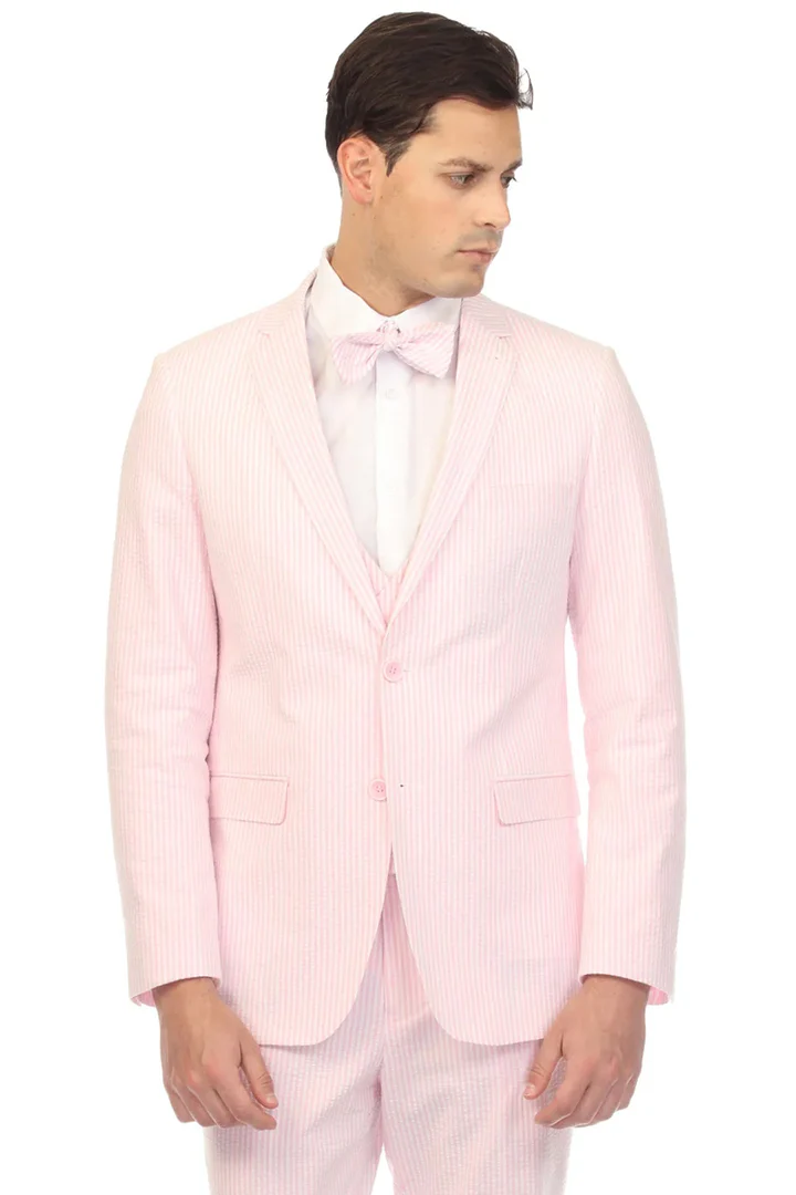 Mens Easter Suit - Jacket and Pants in Summer Color Pink Pinstripe Modern Fit Light Weight - 34 Short or Extra Small