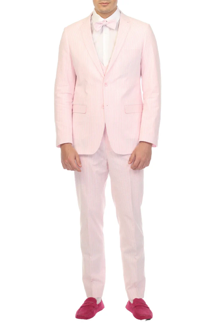 Mens Easter Suit - Jacket and Pants in Summer Color Pink Pinstripe Modern Fit Light Weight - 34 Short or Extra Small