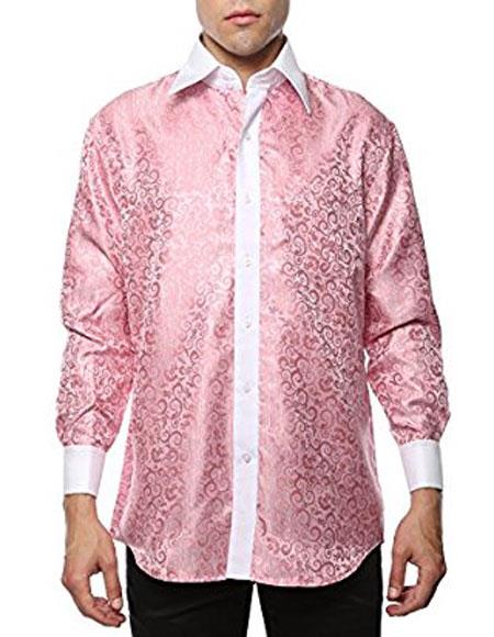 Pink White Shiny Satin Floral Spread Collar Dress Shirt - Small