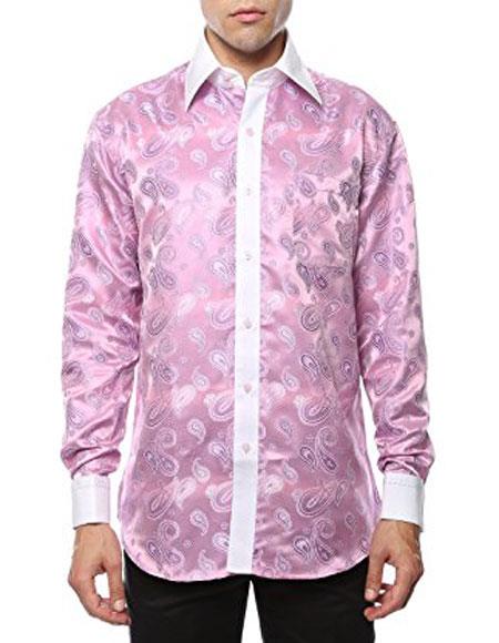 Pink-White Shiny Satin Floral Spread Collar Paisley Dress Club Clubbing Clubwear Shirts Flashy Stage Colored Two Toned Woven Casual Men's Dress Shirt