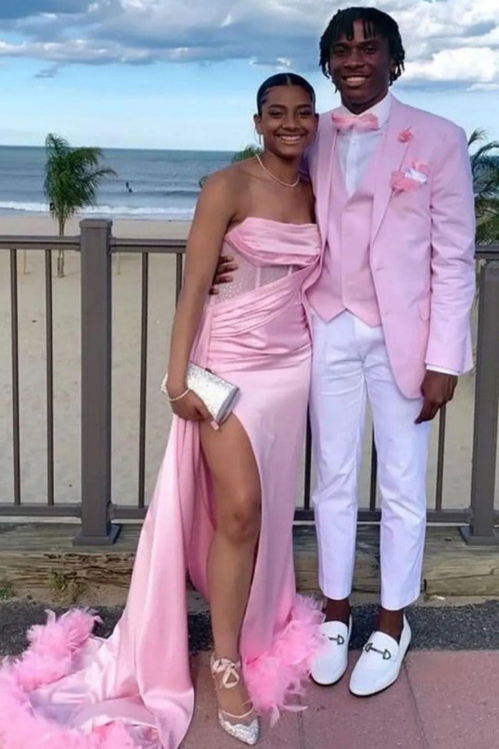 Pink And White Tuxedo Suit With White Pants + White Shirt + Pink Vest and Bowtie - 34 Short or Extra Small