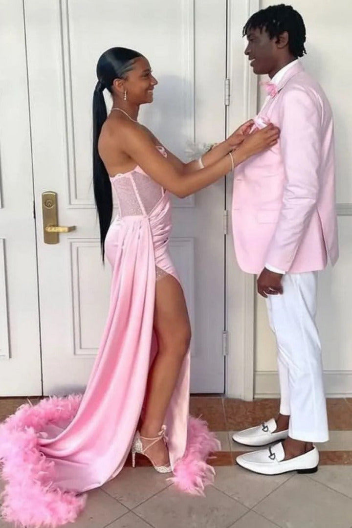 Pink And White Tuxedo Suit With White Pants + White Shirt + Pink Vest and Bowtie - 34 Short or Extra Small