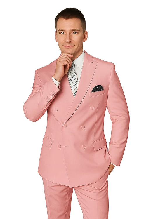 Elegant Mens Double-Breasted Wool Suit in Soft Blush Pink
