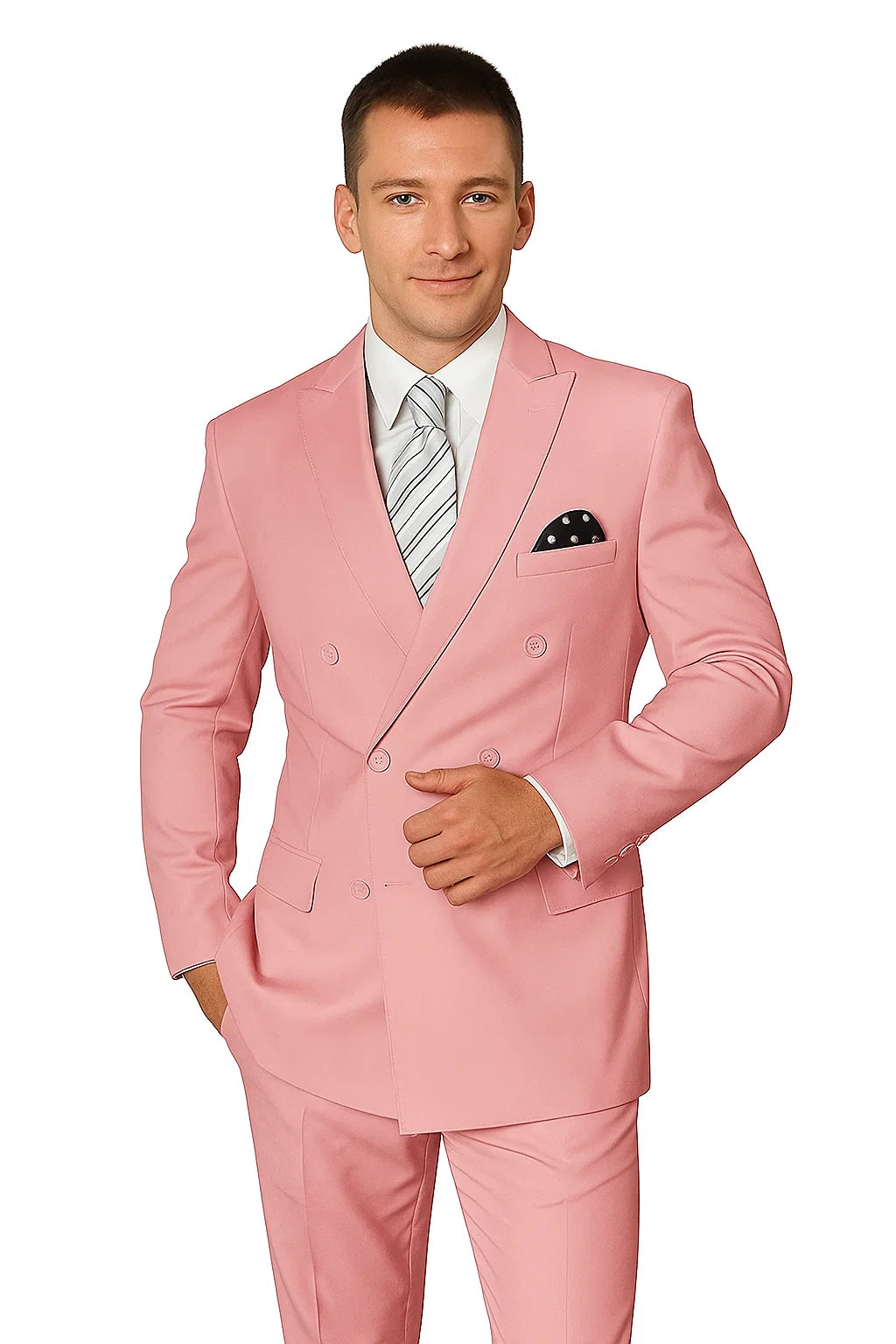 Elegant Men’s Double-Breasted Wool Suit in Soft Blush Pink - 34 Short