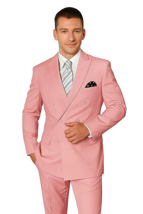 Elegant Mens Double-Breasted Wool Suit in Soft Blush Pink