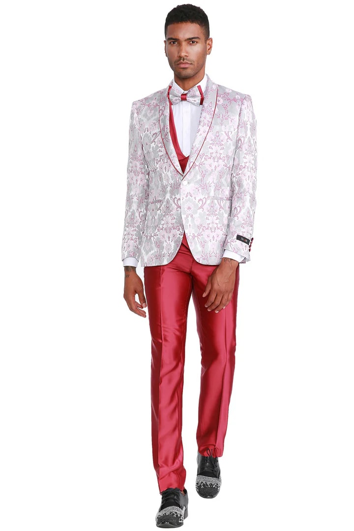 Cheap Suit - Men's One Button Vested Pink Floral Print Prom & Wedding Tuxedo With Satin Vest And Pants