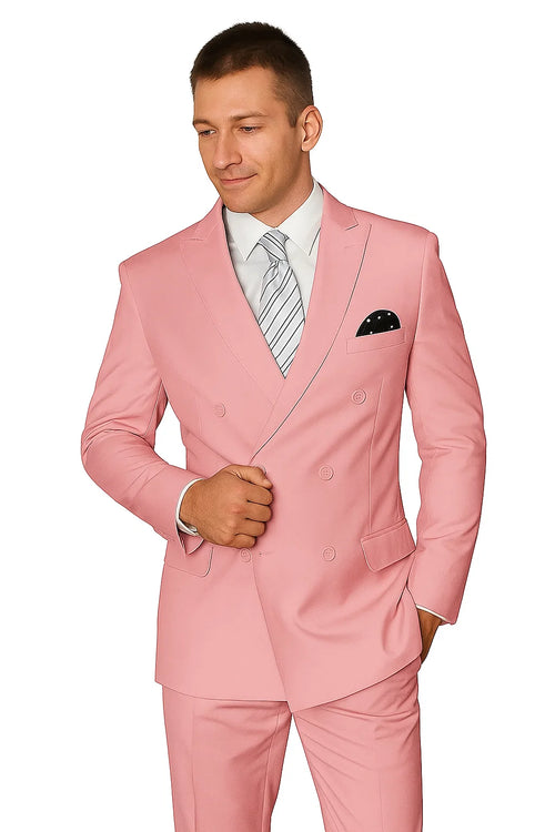 Elegant Mens Double-Breasted Wool Suit in Soft Blush Pink