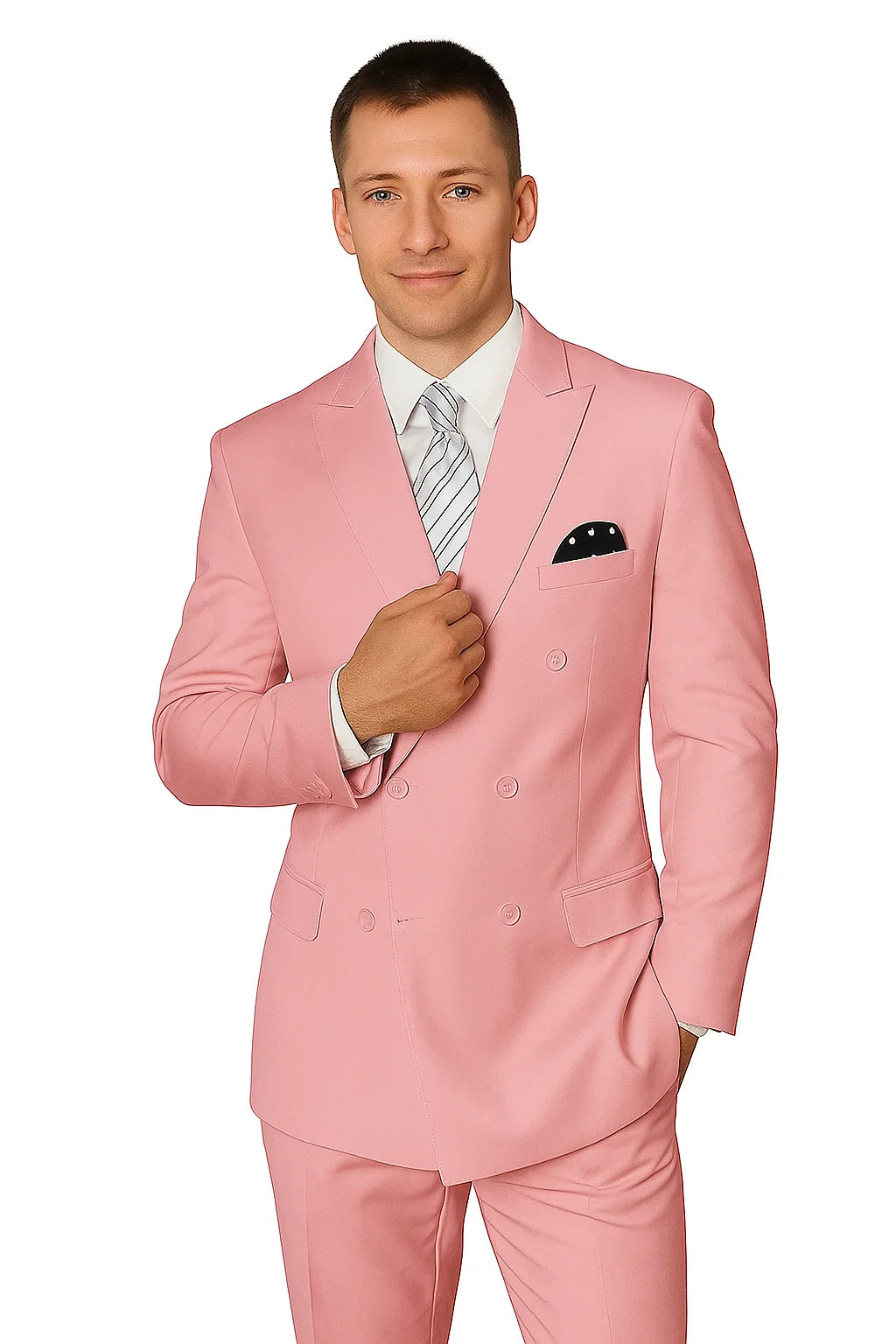 Elegant Men’s Double-Breasted Wool Suit in Soft Blush Pink - 34 Short