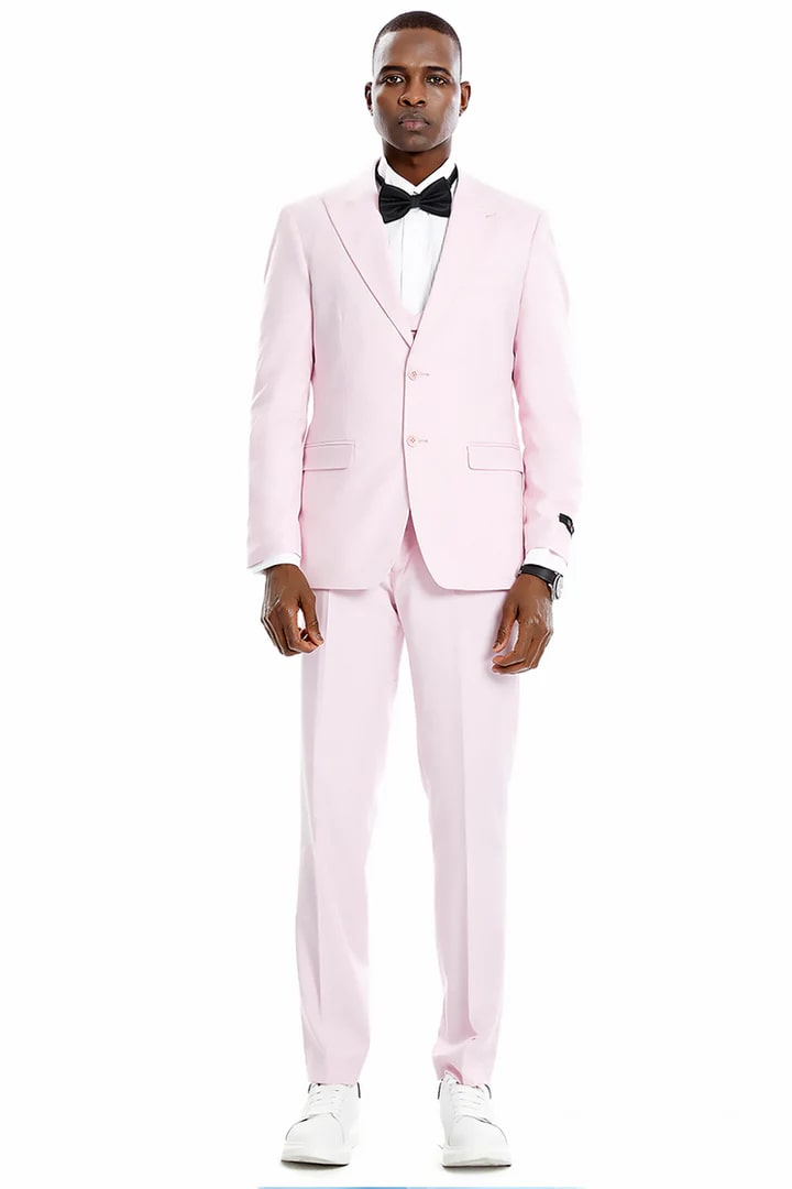 Cheap Suit - Men's Two Button Vested Peak Lapel Pastel Wedding & Prom Pink Suit