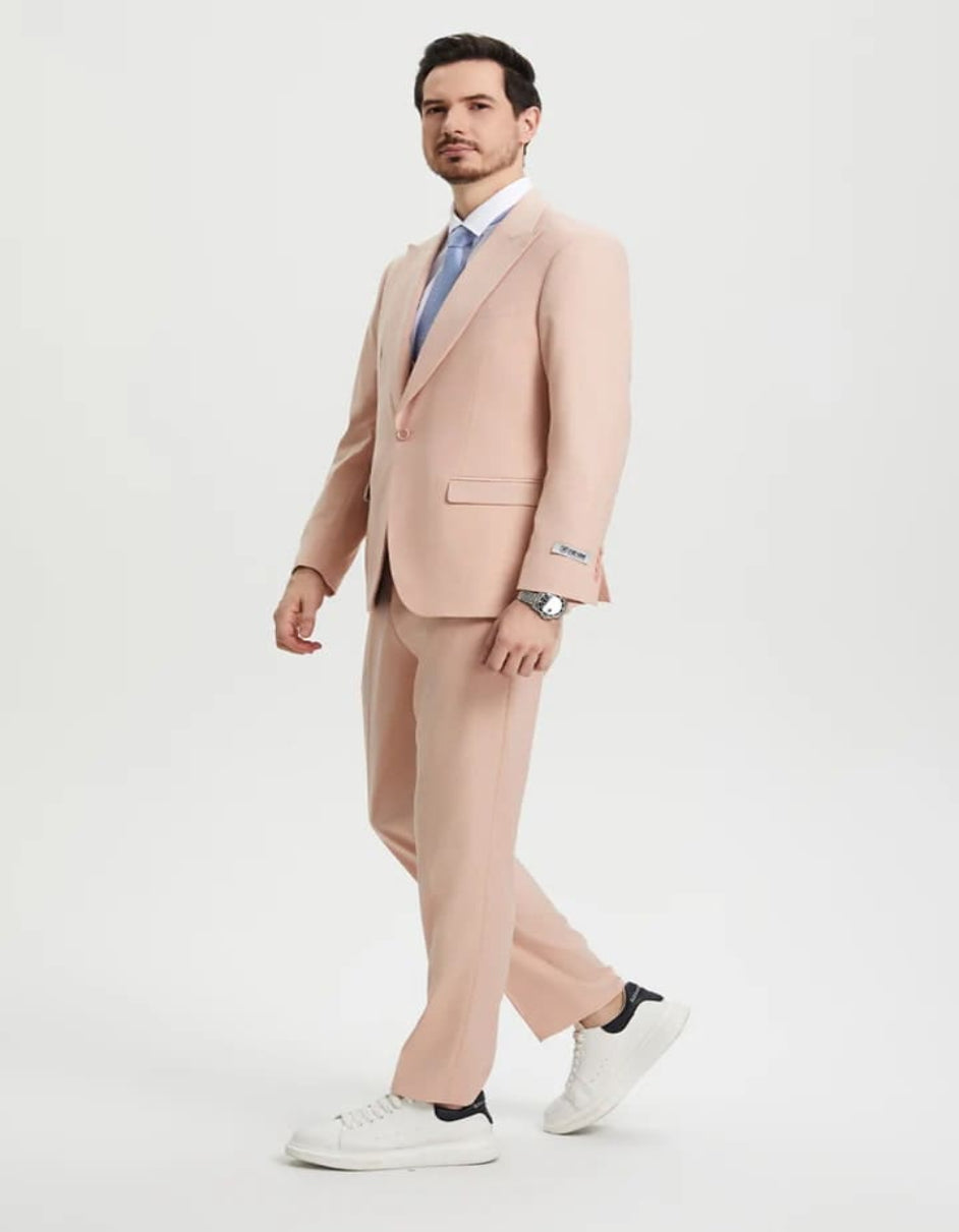 Men's Vested One Button Peak Lapel Stacy Adams Designer Blush Pink Suit - 38 Short Jacket+32 Waist Adjustable 28to34)(Height: 5 4 to5 7 )(Neck  15-16.5)S-M)