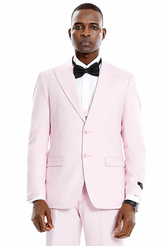 Cheap Suit - Men's Two Button Vested Peak Lapel Pastel Wedding & Prom 2025 Pink Suit Pink Prom 2025 Suits