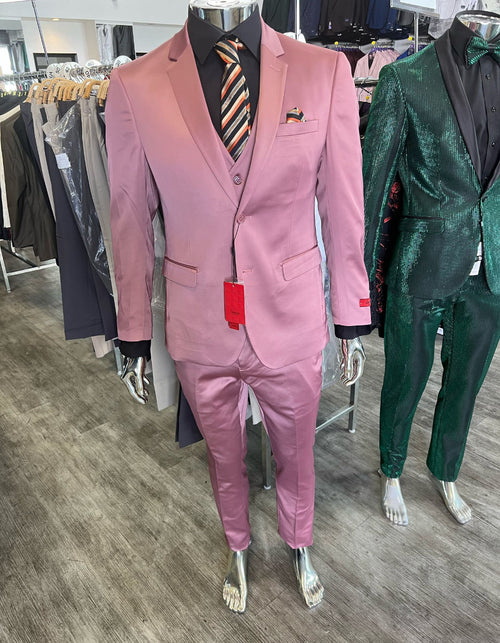 Mens Pink 3-Piece Slim Fit Suit, Formal Wedding and Prom Outfit with Vest