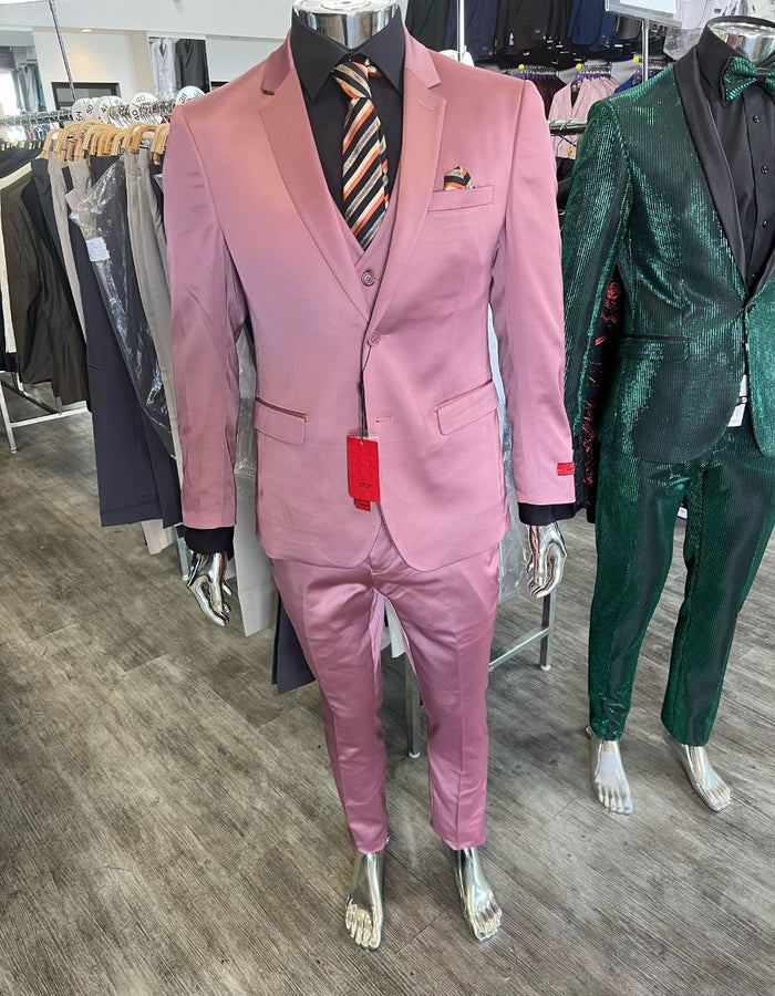 Mens Pink 3-Piece Slim Fit Suit, Formal Wedding and Prom Outfit with Vest
