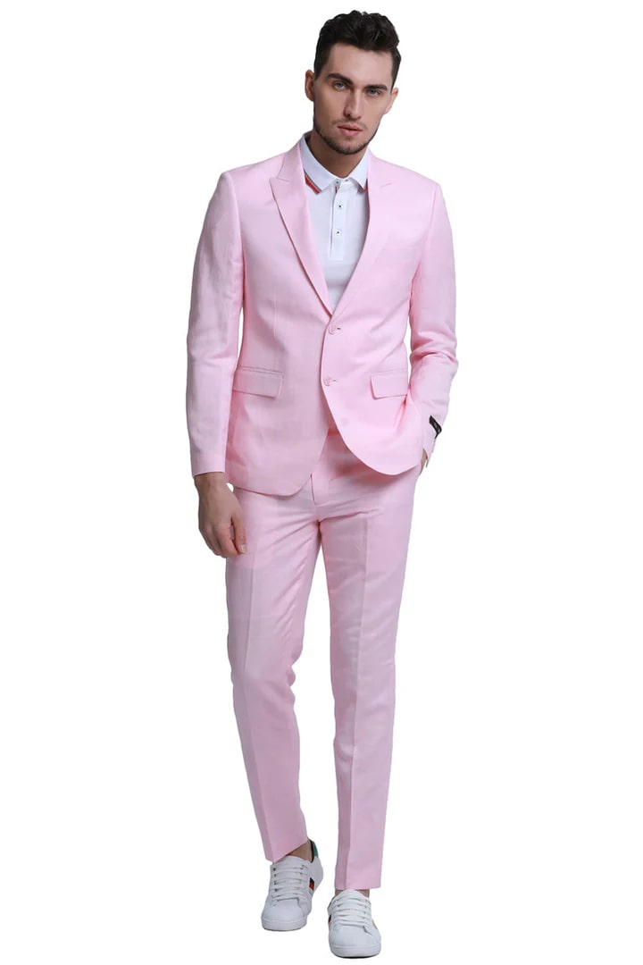 Cheap Priced Suit- Men's Two Button Peak Lapel Summer Linen Style Beach Wedding Pink Suit - 38 Short Jacket+32 Waist Adjustable 28to34)(Height: 5 4 to5 7 )(Neck  15-16.5)S-M)