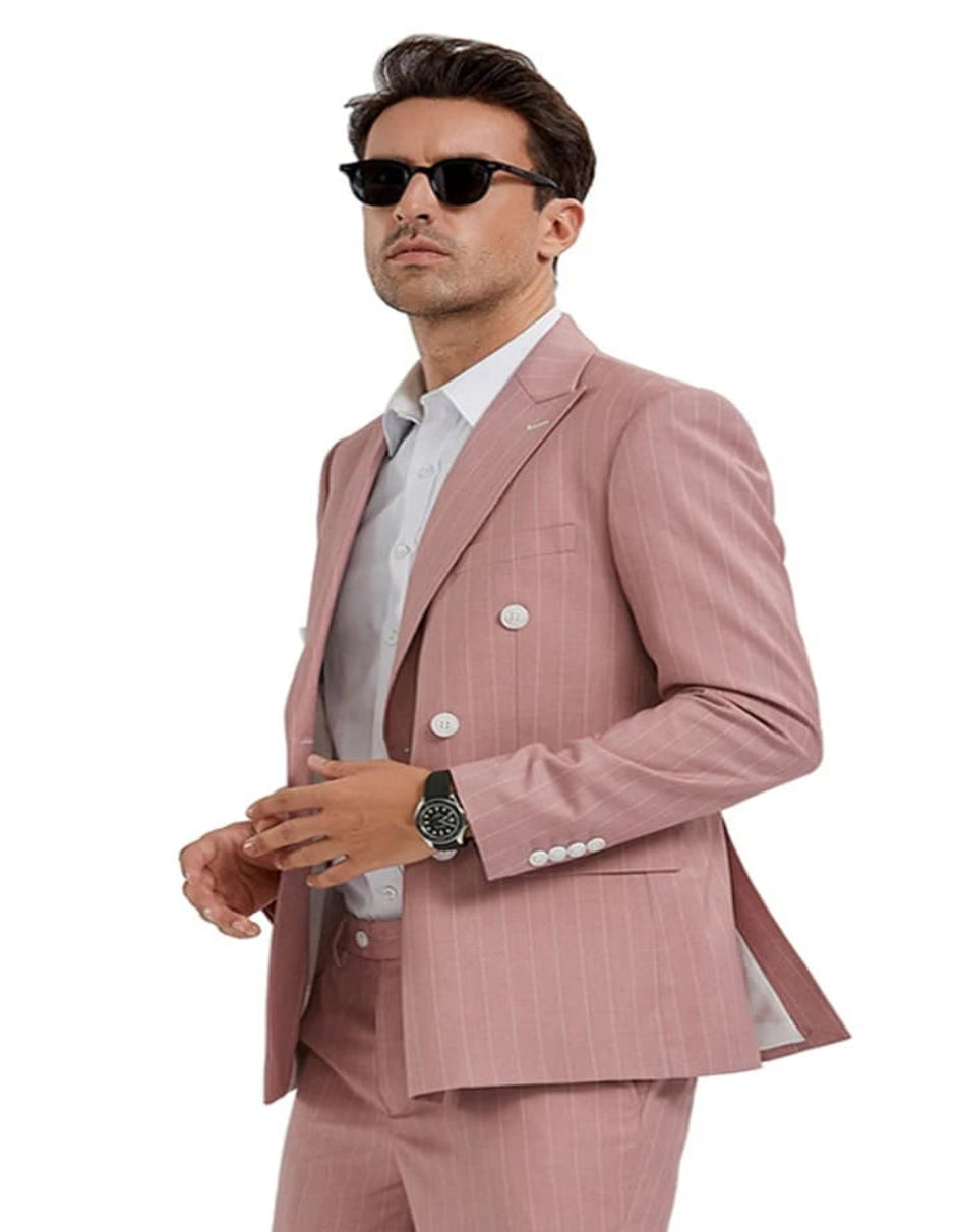 Men's Slim Fit Double Breasted Bold Gangster Pink Pinstripe Suit - 38 Short Jacket+32 Waist Adjustable 28to34)(Height: 5 4 to5 7 )(Neck  15-16.5)S-M)