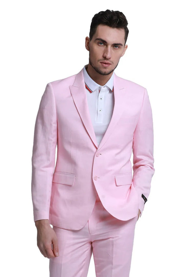 Cheap Priced Suit- Men's Two Button Peak Lapel Summer Linen Style Beach Wedding Pink Suit