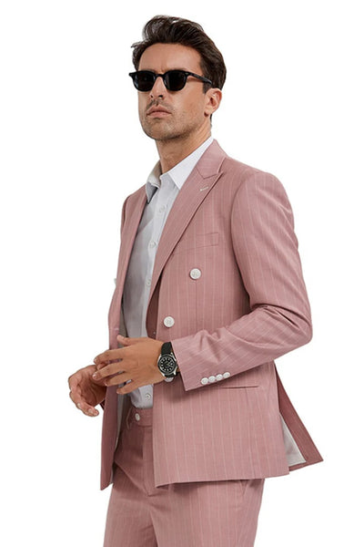 Cheap priced Suit- Men's Slim Fit Double Breasted Bold Gangster Pinstripe Pink Suit