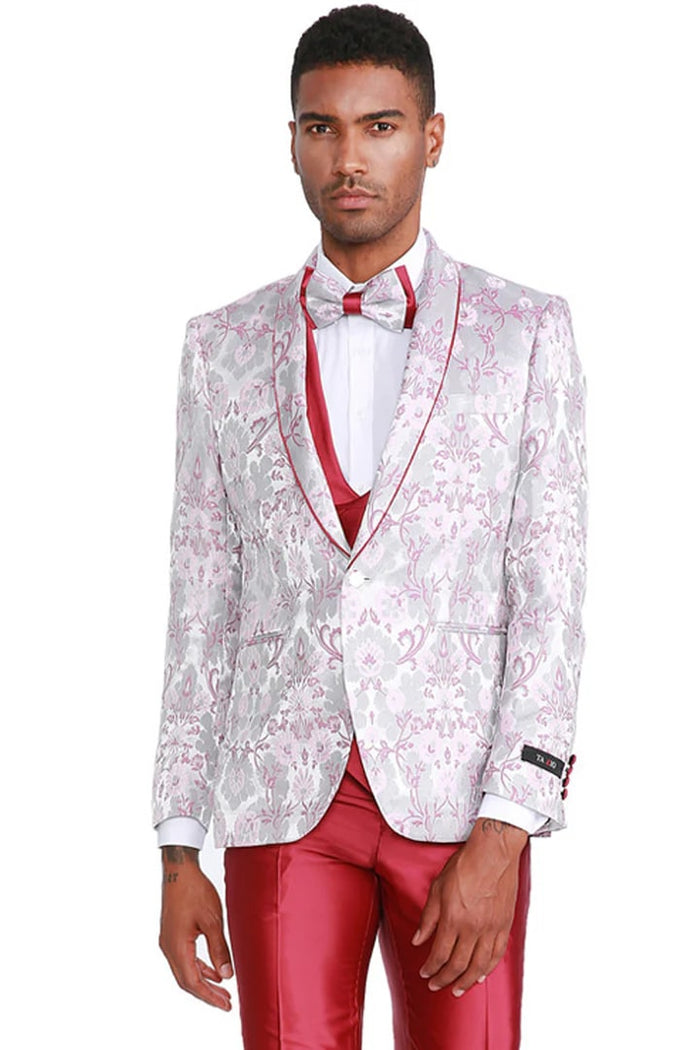 Cheap priced Suit- Men's One Button Vested Pink Floral Print Prom 2026 & Wedding Tuxedo With Satin Vest And Pants