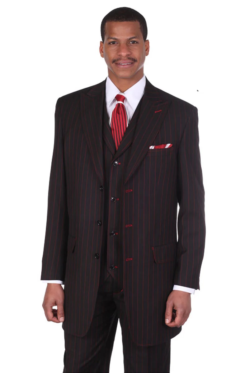 Mens 3 Button Vested Wide Peak Lapel 1920's Gangster Pinstripe Suit in Black/Red