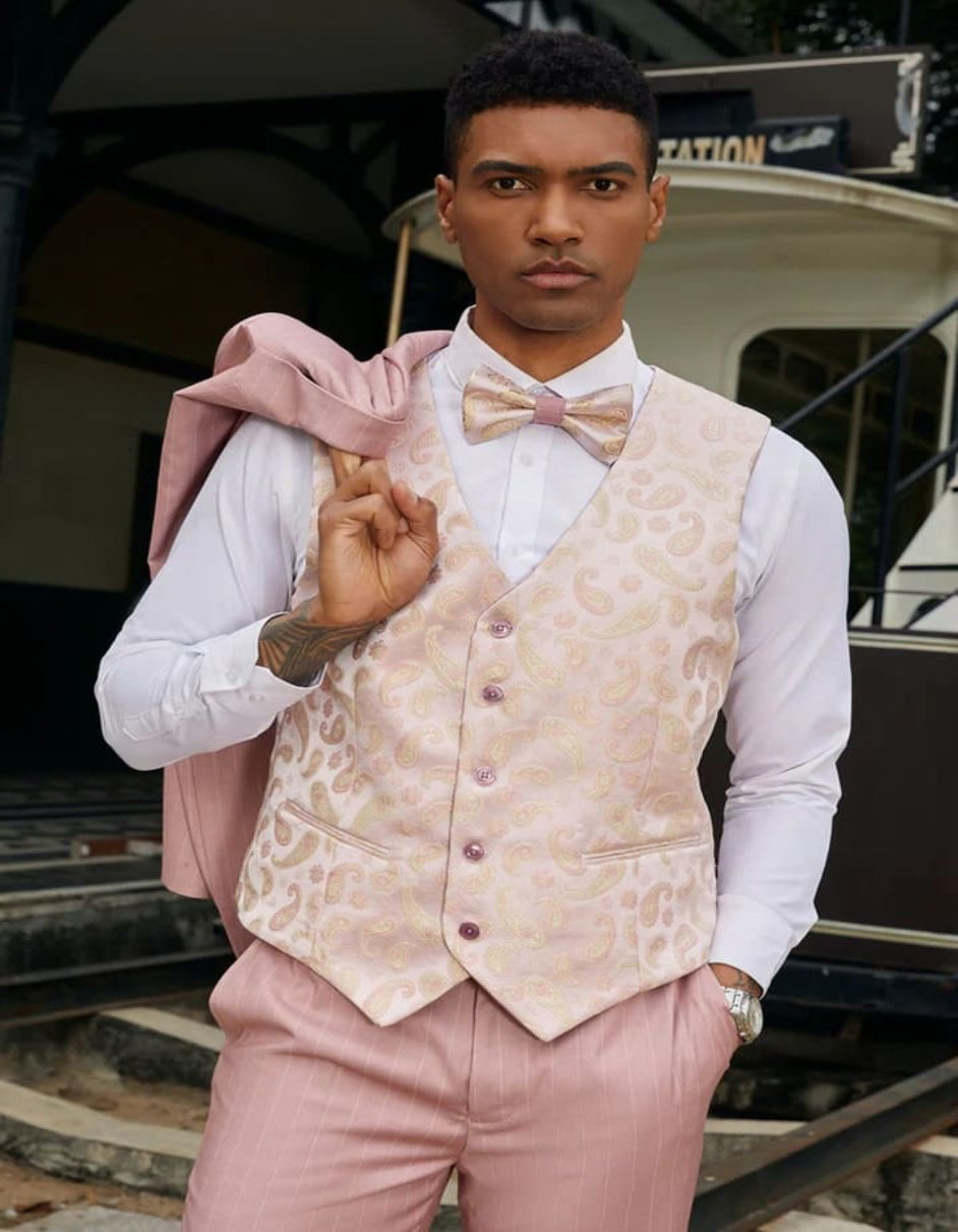 Men's Stacy Adams One Button Vested Modern Pinstripe Rose Pink Suit - 38 Short Jacket+32 Waist Adjustable 28to34)(Height: 5 4 to5 7 )(Neck  15-16.5)S-M)