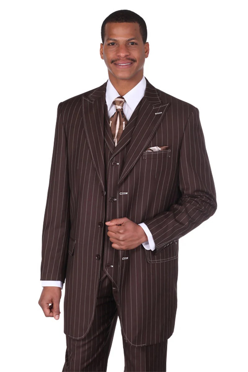 Mens 3 Button Vested Wide Peak Lapel 1920's Gangster Pinstripe Suit in Brown