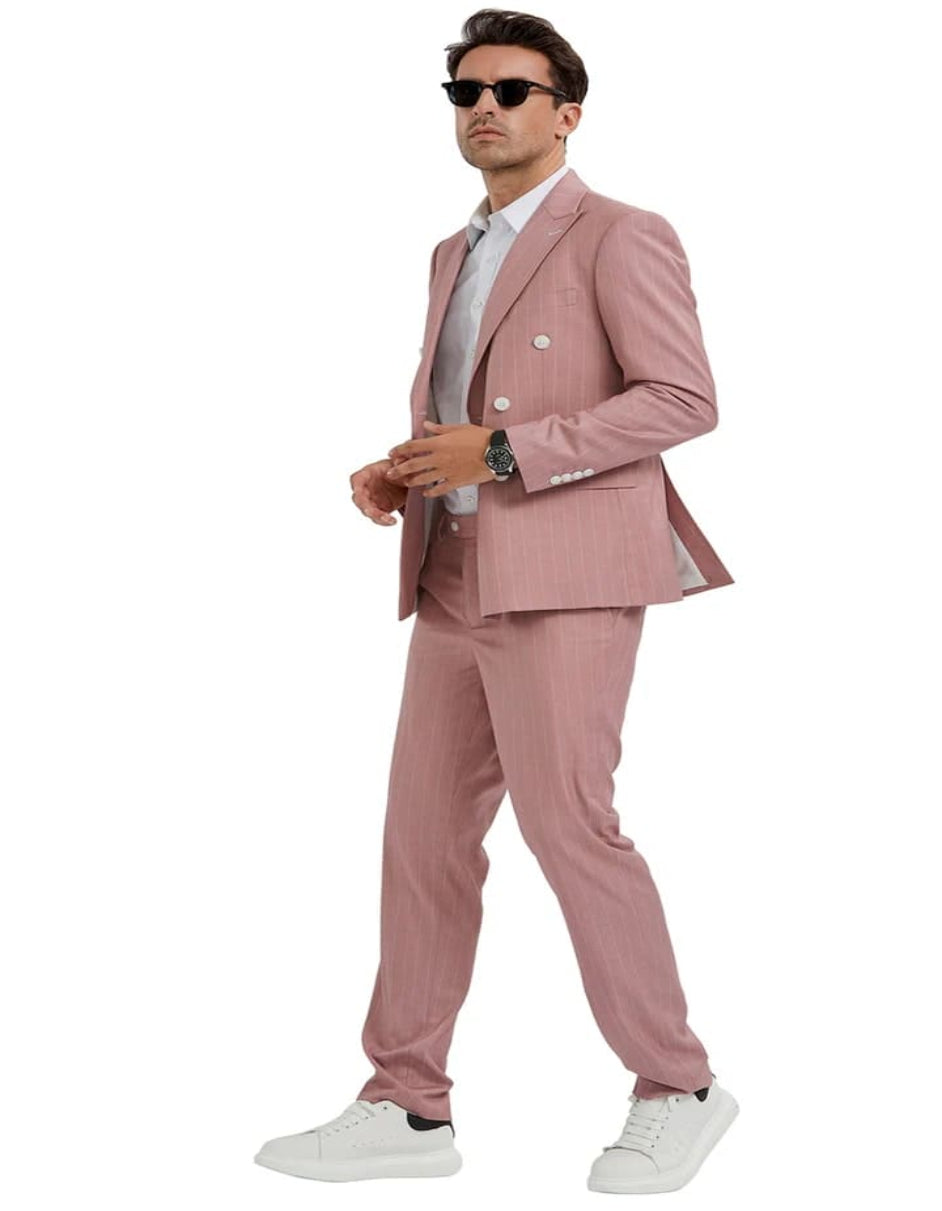 Men's Slim Fit Double Breasted Bold Gangster Pink Pinstripe Suit - 38 Short Jacket+32 Waist Adjustable 28to34)(Height: 5 4 to5 7 )(Neck  15-16.5)S-M)