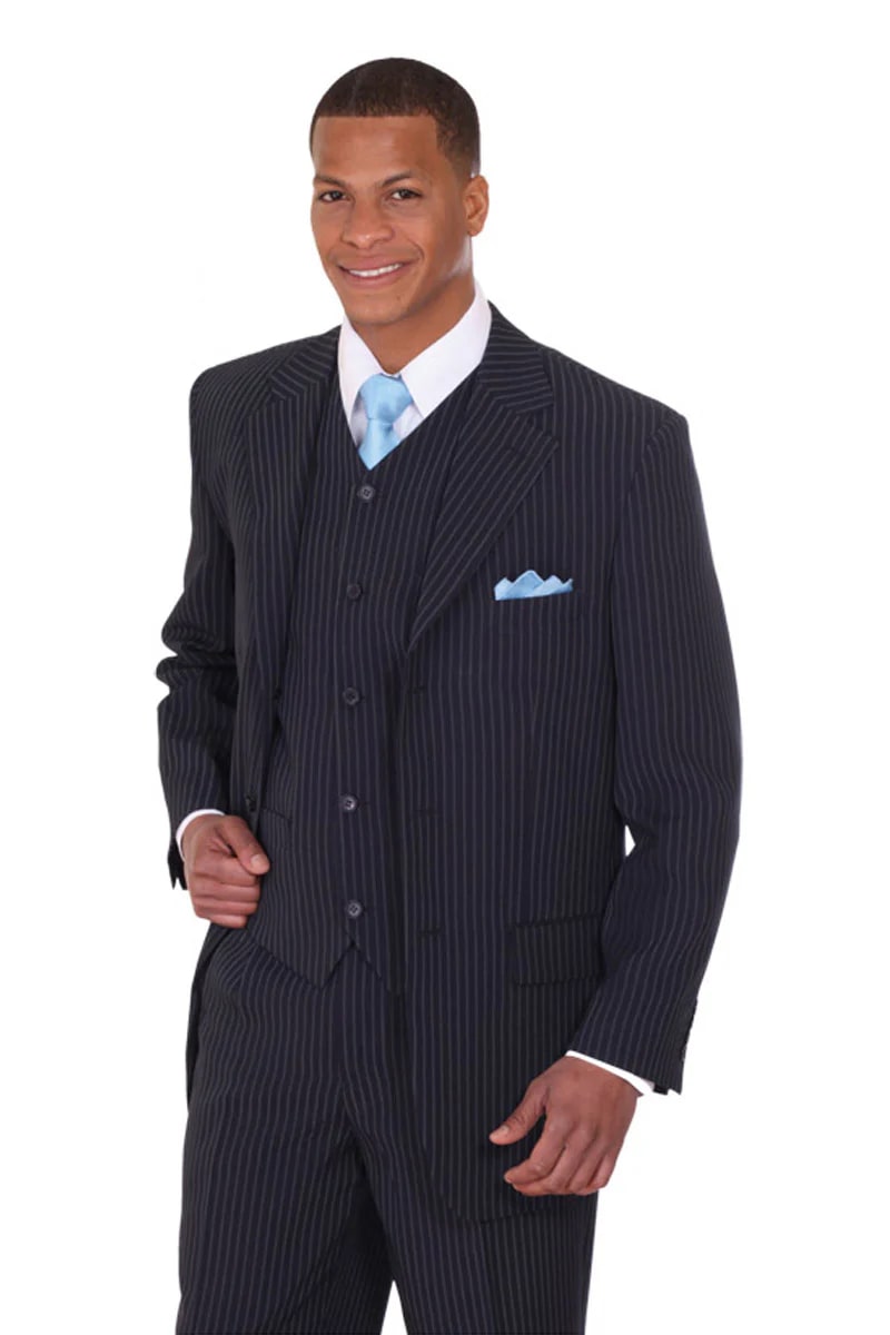 Mens Vested 3 Button Classic Fit Banker Pinstripe Suit in Navy - 38 Short Jacket+32 Waist Adjustable 28to34)(Height: 5 4 to5 7 )(Neck  15-16.5)S-M)