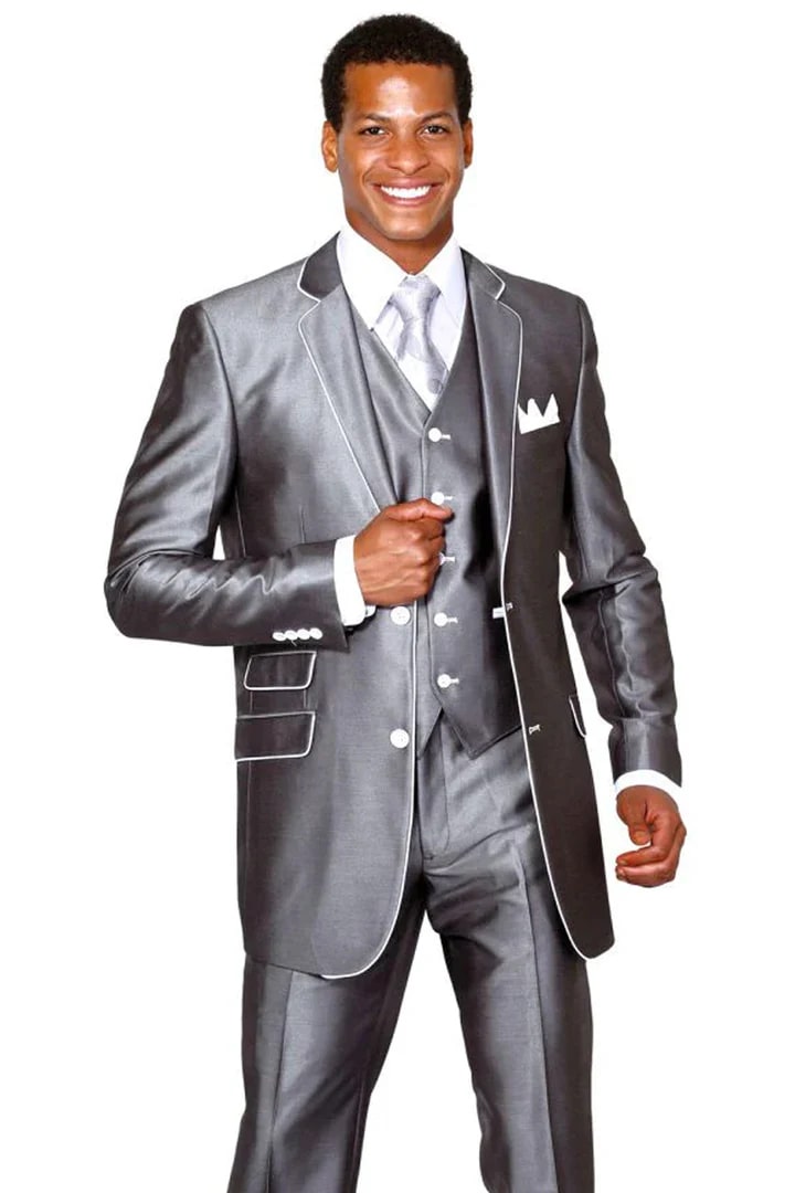 Cheap Priced Suit - Mens Vested Slim Fit Shiny Sharkskin Tuxedo Suit In Silver Grey With White Piping - 38 Short Jacket+32 Waist Adjustable 28to34)(Height: 5 4 to5 7 )(Neck  15-16.5)S-M)