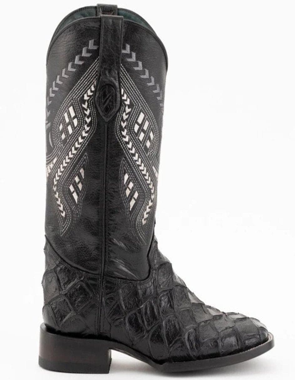 Ferrini Bronco Men's Print Pirarucu Fish Boots Handcrafted Black - 8D