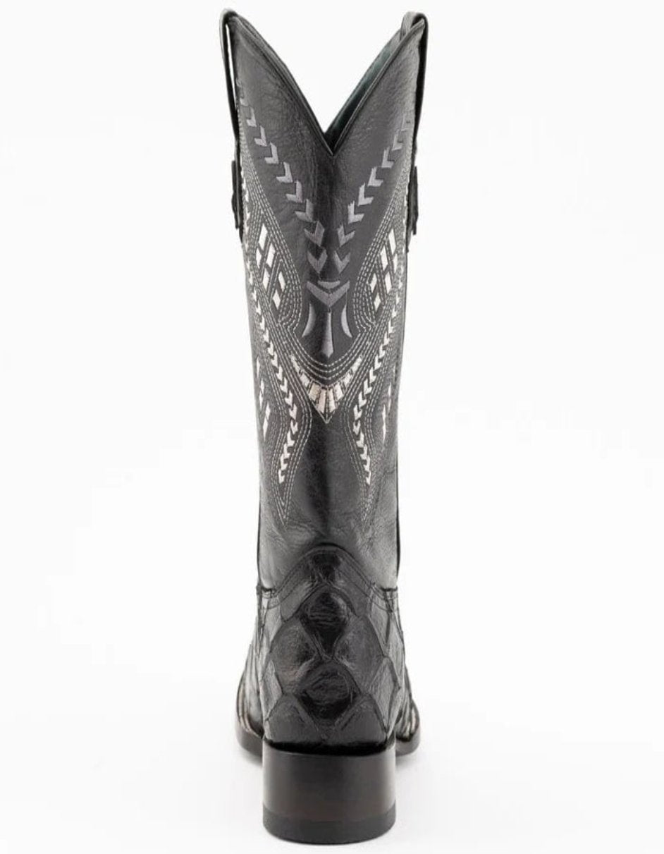 Ferrini Bronco Men's Print Pirarucu Fish Boots Handcrafted Black - 8D